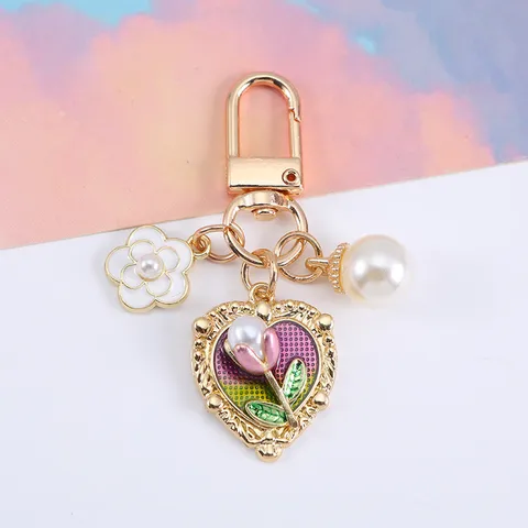 Ins Pearl Heart Flower Keychain Pendant For AirPods Case Bag Charm Alloy Enamel Camellia Keyring Gift For Women Friends