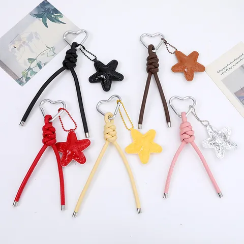 Handmade Woven PU Leather Rope Keychain Heart Clasp Star Pendant Key Ring Bag Hanging Ornament For Women Men Gift