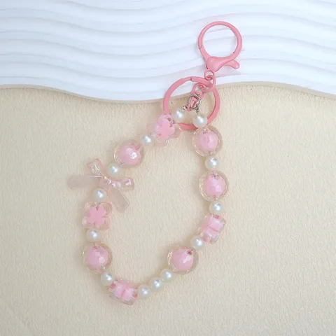 Cute Acrylic Beaded Keychain Pendant Bowknot Four-Leaf Clover Phone Chain Candy Color Bag Hanging Ornament for Women