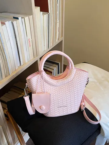 Women Embossed Woven Pattern Bucket Bag PU Leather Round Handle Shoulder Crossbody Bag With Mini Pouch Casual Commuter Handbag