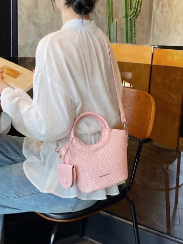 Women Embossed Woven Pattern Bucket Bag PU Leather Round Handle Shoulder Crossbody Bag With Mini Pouch Casual Commuter Handbag