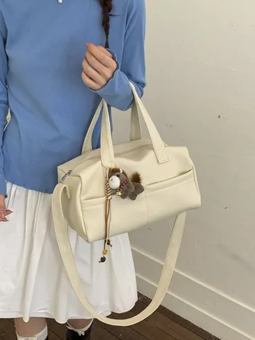 Contrast Color Soft PU Leather Lychee Pattern Commuting Tote Bag For Women Shoulder Crossbody Handbag Elegant Handbag With Horse Charm