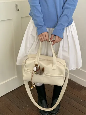 Contrast Color Soft PU Leather Lychee Pattern Commuting Tote Bag For Women Shoulder Crossbody Handbag Elegant Handbag With Horse Charm