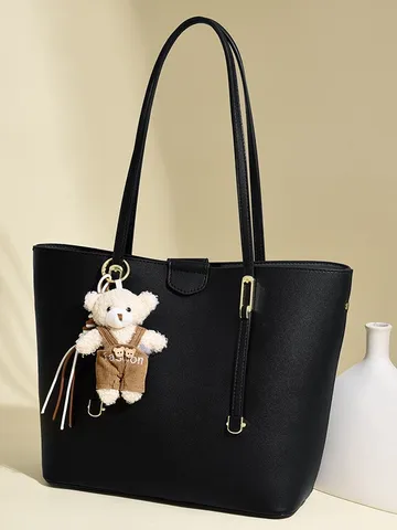 Bolso Tote de Gran Capacidad para Mujer Color Sólido Cuero PU Bolso de Mano para Viaje Diario Con Colgante de Oso Bolso de Hombro