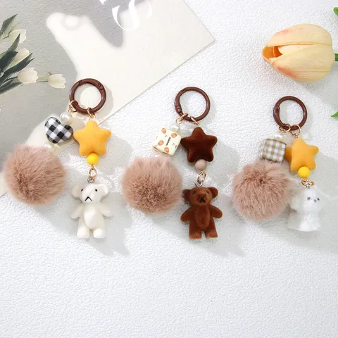 Cute Flocked Bear Puppy Keychain Ins Style Fur Ball Bag Pendant Handmade Resin Animal Key Ring For Women Bag Accessories