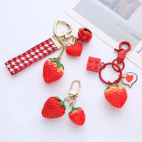 Cute Girly Strawberry Keychain For Women Heart Bell Resin Fruit Pendant Car Key Ring Fashion Bag Accessory Gift