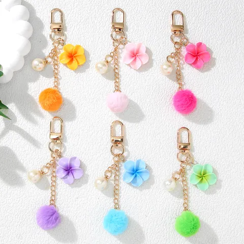 Cute Resin Flower Pompon Keychain Alloy Gold Plated Artificial Pearl Charm Bag Pendant For Earphone Case Decoration Gift Women
