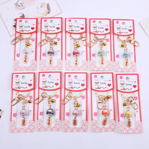 Llavero de Cerámica del Gato de la Suerte Retro Chino Maneki Neko Adorno Colgante para Bolso Amuleto de la Suerte Con Campana Joy Safety Tag