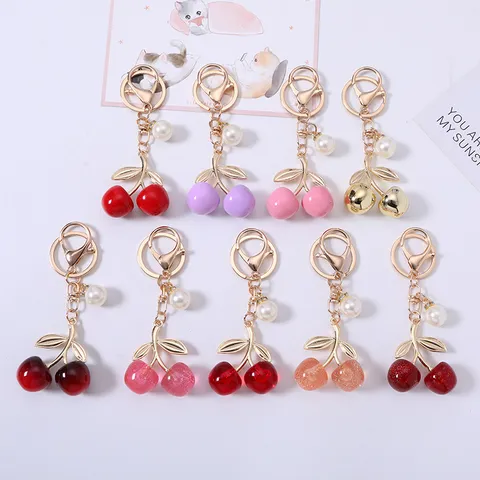 Pastoral Style Cherry Metal Keychain Charm Resin Acrylic Cherry Bag Decoration Alloy Pendant Fruit Key Ring For Women