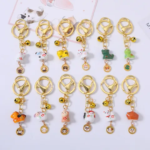 Chinese Zodiac Ceramic Keychain Pendant Cute Hand Painted Animal Bag Charm With Metal Bell Traditional Style Gift For Friends Women
