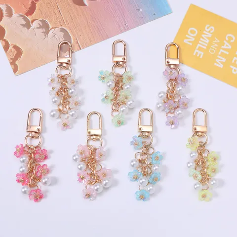 Sweet Ins Resin Cherry Blossom Keychain Charm Decorative Flower Artificial Pearl Phone Car Bag Pendant Ornament For Women