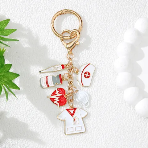 Nurse Medical Theme Keychain Zinc Alloy Enamel Syringe Stethoscope Mask Heart Pendant Keyring Gift For Doctor Nurse Student