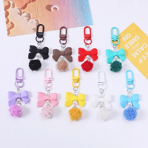 Cute Resin Bowknot Keychain With Artificial Pearl Pom Pom Colorful Bag Hanging Ornament Sweet Jewelry Gift For Women Girls