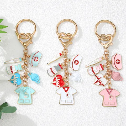 Nurse Medical Theme Keychain Zinc Alloy Enamel Syringe Stethoscope Mask Heart Pendant Keyring Gift For Doctor Nurse Student
