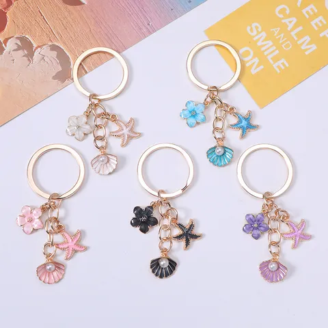 Cute Shell Starfish Keychain Alloy Drip Oil Flower Bag Charm For Women Girls Gift Gold Artificial Pearl Keyring Accessories