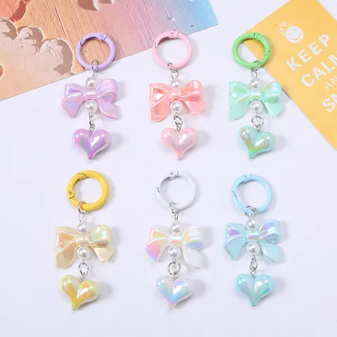 Sweet Iridescent Bowknot Heart Keychain For Women Cute Bag Charm With Artificial Pearls And Zinc Alloy Clasp Gift