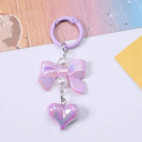 Sweet Iridescent Bowknot Heart Keychain For Women Cute Bag Charm With Artificial Pearls And Zinc Alloy Clasp Gift