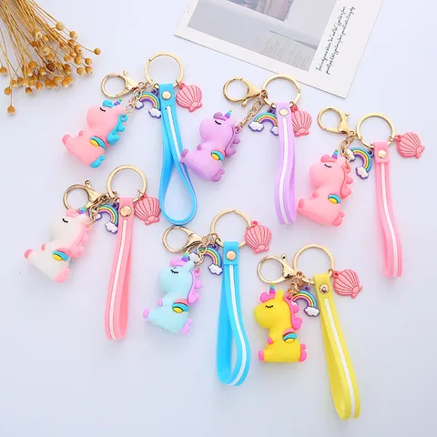 Cartoon Dreamy Unicorn Keychain Cute Silicone Pony Keyring With Striped Wrist Strap Rainbow Shell Charms For Bag Car Gift