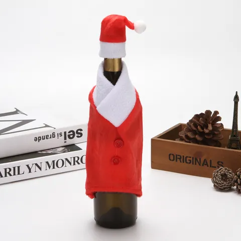 Christmas Wine Bottle Cover Set Santa Claus Clothes And Hat Design Dense Velvet Tableware Decoration For Holiday Party