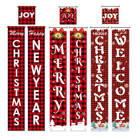 Christmas Porch Banners Merry Christmas Happy New Year Buffalo Plaid Door Hanging Decor For Home Front Door Xmas Party Decorations
