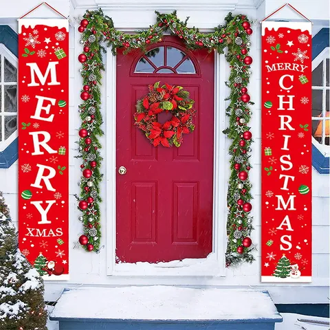 Christmas Porch Banners Merry Christmas Happy New Year Buffalo Plaid Door Hanging Decor For Home Front Door Xmas Party Decorations