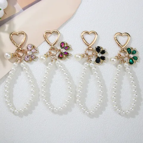 Handmade Bowknot Artificial Pearl Keychain Heart Shape Clasp Beaded Bag Charm Rhinestone Pendant For Car Key Earphone Case