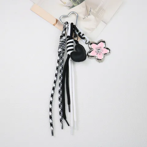 Handmade Woven Rope Alloy Cherry Blossom Leather Heart Keychain Bag Charm Sweet Floral Bag Decoration Accessory For Women