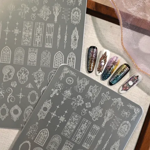 Gothic Retro European Window Grille Carved Frame Nail Art Stamping Plate Stainless Steel Rose Angel Pattern DIY Manicure Template Tool