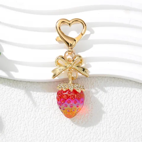 Cute UV Plated Strawberry Keychain With Alloy Bow Knot Heart Spring Clasp Rhinestone Strawberry Bag Charm For Girls Gift