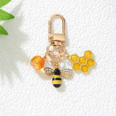 Cute Bee Honeycomb Alloy Rhinestone Enamel Keychain Cartoon Insect Bag Pendant Keyring Jewelry For Women Girls Yellow Gold