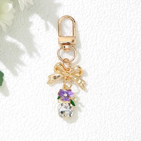 Korean Style Alloy Flower Bow Keychain With Rhinestone Artificial Pearl Water Drop Crystal Bag Charm For Women Headphones Accessory