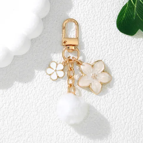 Japanese Cherry Blossom Pompom Keychain Pendant Alloy Enamel Flower Bag Charm Earphone Case Decoration Key Ring Jewelry