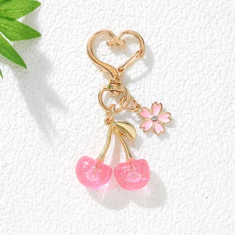 Crystal Resin Cherry Keychain Alloy Heart Keyring Drip Oil Flower Pearl Pendant Rhinestone Women Bag Charm Car Key Chain Accessory