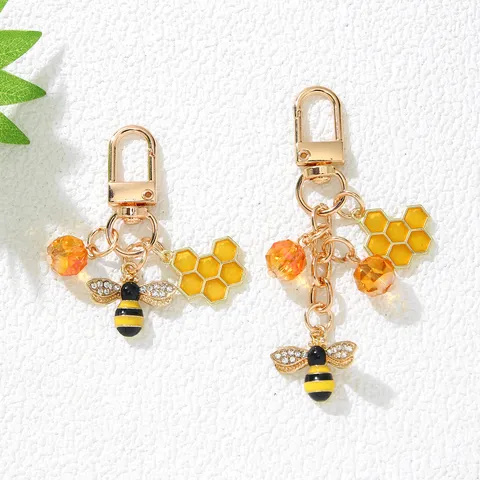 Cute Bee Honeycomb Alloy Rhinestone Enamel Keychain Cartoon Insect Bag Pendant Keyring Jewelry For Women Girls Yellow Gold
