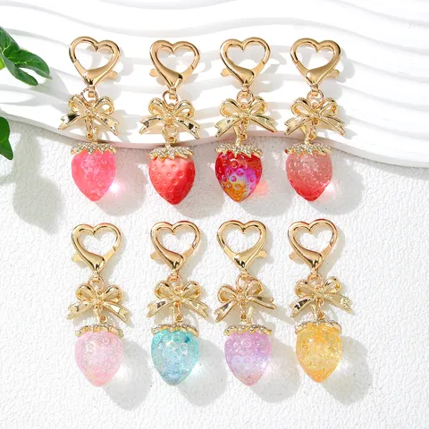 Cute UV Plated Strawberry Keychain With Alloy Bow Knot Heart Spring Clasp Rhinestone Strawberry Bag Charm For Girls Gift