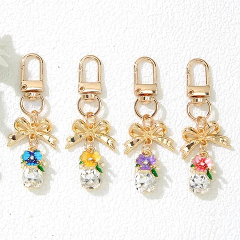 Korean Style Alloy Flower Bow Keychain With Rhinestone Artificial Pearl Water Drop Crystal Bag Charm For Women Headphones Accessory