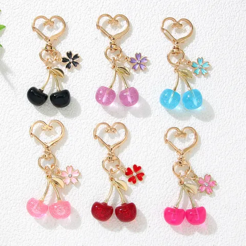Crystal Resin Cherry Keychain Alloy Heart Keyring Drip Oil Flower Pearl Pendant Rhinestone Women Bag Charm Car Key Chain Accessory