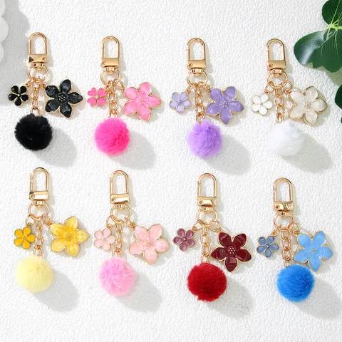 Japanese Cherry Blossom Pompom Keychain Pendant Alloy Enamel Flower Bag Charm Earphone Case Decoration Key Ring Jewelry