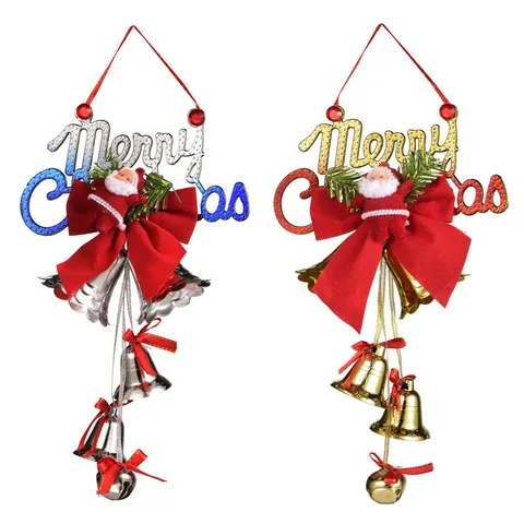 Christmas Tree Hanging Ornaments Elk Deer Santa Claus Star Pine Cone Decors With Metal Bells Satin Bows For Xmas Home Party Decoration