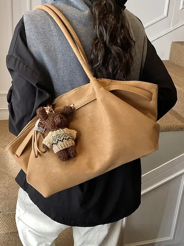 Sac Cabas Vintage pour Femme en Cuir PU Couleur Unie Cordon de Serrage Grande Capacité Sac à Bandoulière Avec Pendentif Ours