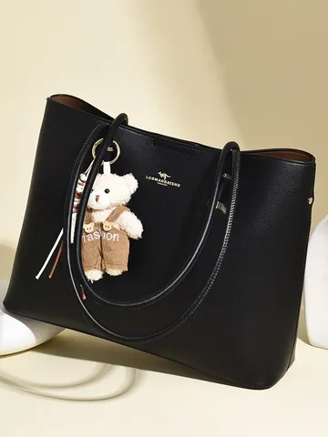 Damen Retro Große Kapazität PU Leder Tote Bag Koreanischen Stil Pendler Umhängetasche Mit Süßem Plüschbär-Anhänger