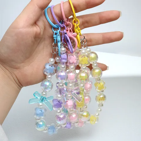 Cute Acrylic Beaded Keychain Pendant Bowknot Four-Leaf Clover Phone Chain Candy Color Bag Hanging Ornament for Women