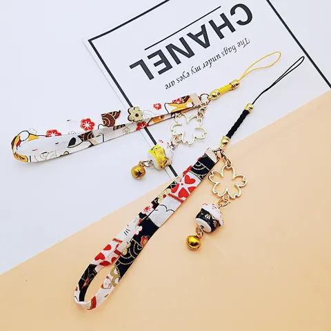 Japanese Lucky Cat Bell Phone Charm Ceramic Maneki-Neko Keychain With Printed Fabric Ribbon Metal Sakura Pendant For Keys Bag Gift