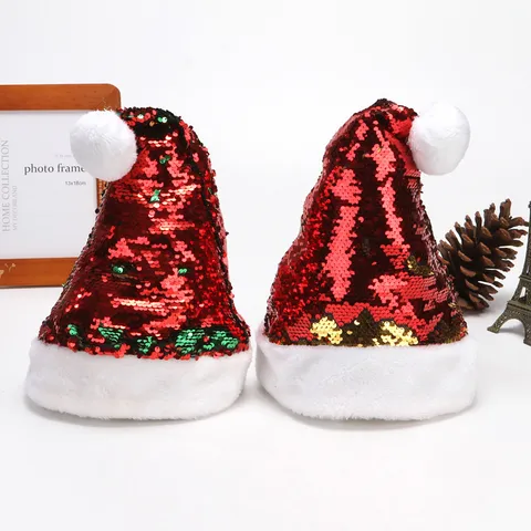 Reversible Sequin Christmas Hat Shiny Red Green Gold Glitter Santa Hat With White Plush Trim For Holiday Party Decoration