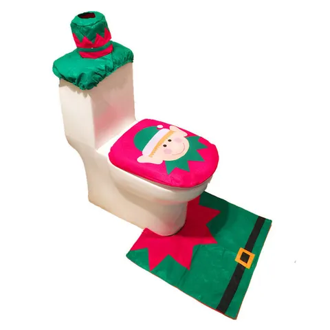 Christmas Elf Toilet Seat Cover Rug Tank Tissue Box Cover Red Green Festive Bathroom Decoration Home Seasonal Holiday Party Accessories