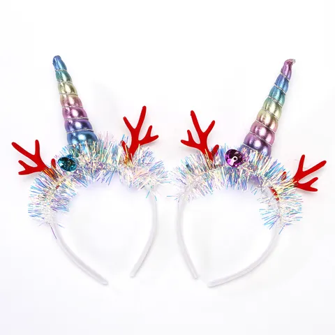 LED Glowing Unicorn Antler Headband Christmas Hair Hoop With Reindeer Horn Tinsel Decoration Party Hair Accessories For Kids