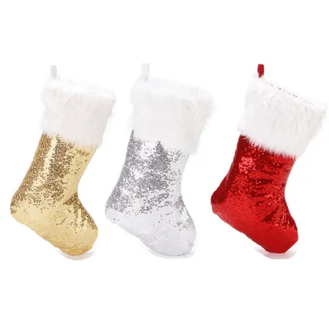 Calza di Natale con Paillette Glitter Bordo in Peluche Pelliccia Sintetica Calze Regalo Natalizie per Decorazione Casa Festa