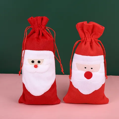 Housse de Bouteille de Vin Père Noël pour Décoration Champagne Ornement de Table Festif Sac Cadeau en Tissu Appliqué Rouge