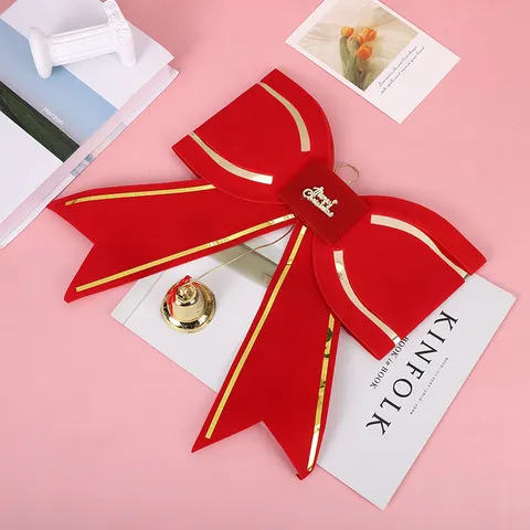 Kerstboomtop Strik Rood Fluweel Gouden Rand Ornament Met Merry Christmas Teken En Bel Feestelijke Hangende Decoratie