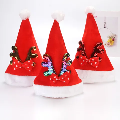 Gorro de Navidad de Astas de Ciervo Terciopelo Dorado Lentejuelas Reversibles Accesorio de Fiesta Festiva para Actuación Escolar Adultos Niños Gorro Decorativo